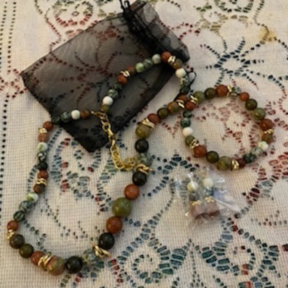 MULTI-COLOR JADE NECKLACE+ BRACELET+ Hook EARRINGS Set * Gift Bag * GOLD spacers - Picture 1 of 5